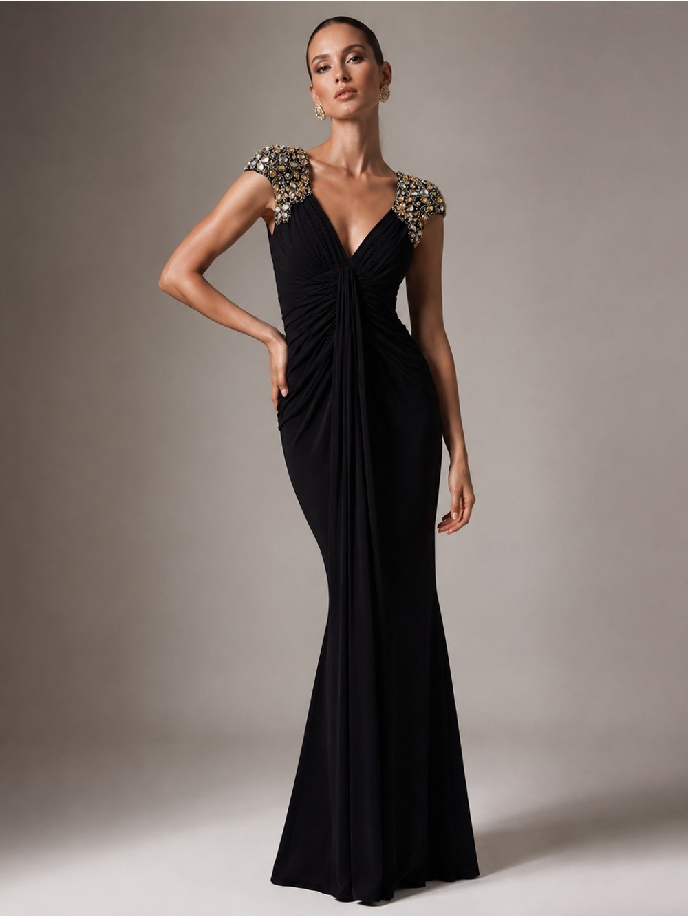 Jovani Black Embellished-Cap Sleeve Maxi Gown